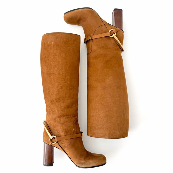 GUCCI | Vintage Brown Nubuck Horsebit Knee High Heel Boots Size 37 - Picture 11 of 16